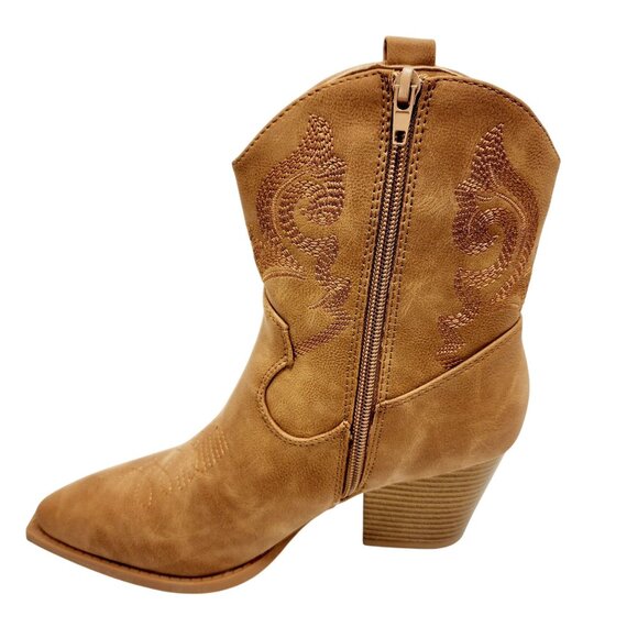 Womens Western Style Tan Ankle Boots With Embroidery & Block Heel Size 7 - Picture 9 of 11
